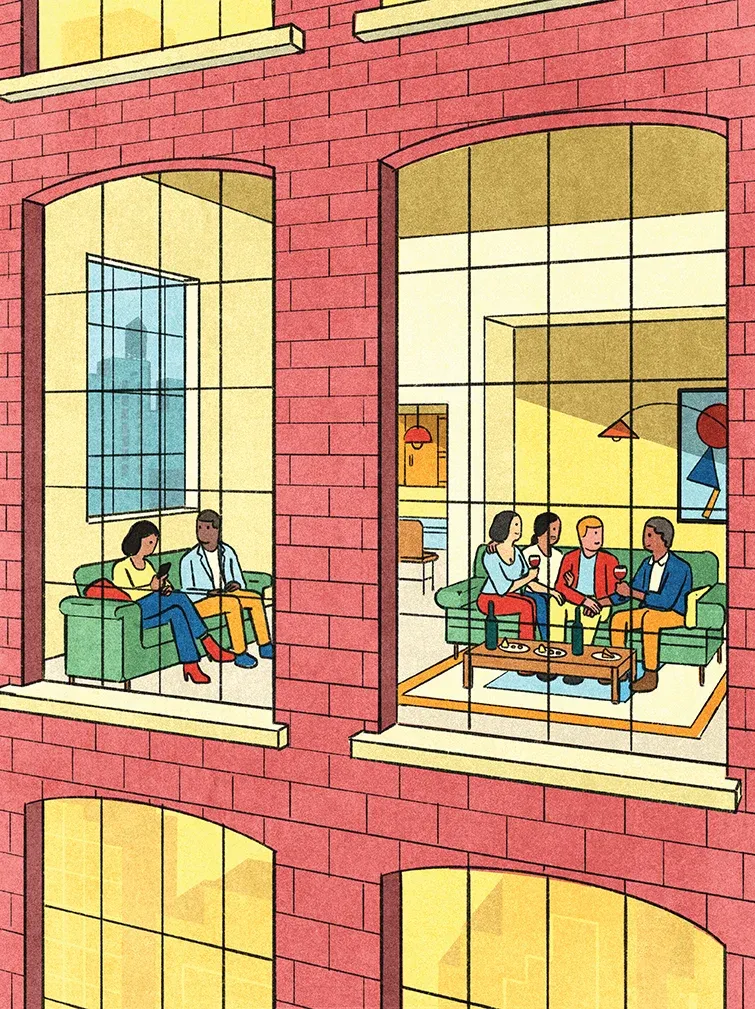 View through a window into a living room. Three people are sitting on a couch in an animated conversation, with hands intertwined