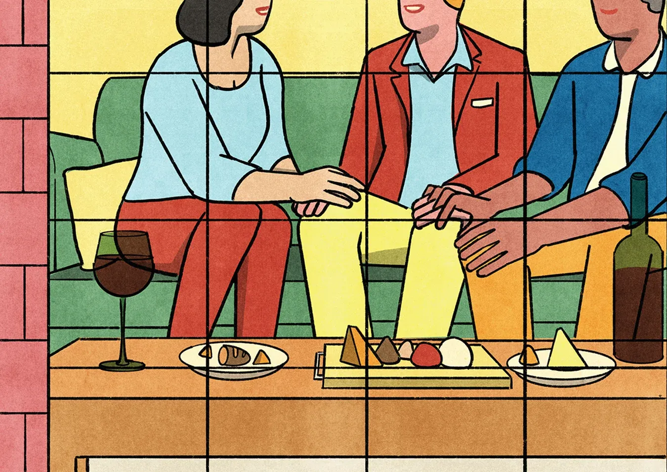 透过外面的窗户看向客厅。一张沙发上坐着一对疏离的情侣。另一张沙发上坐着充满活力且互动密切的四个人。